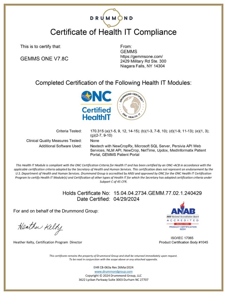 Compliance Certificate GEMMS ONE V7.8C 050324