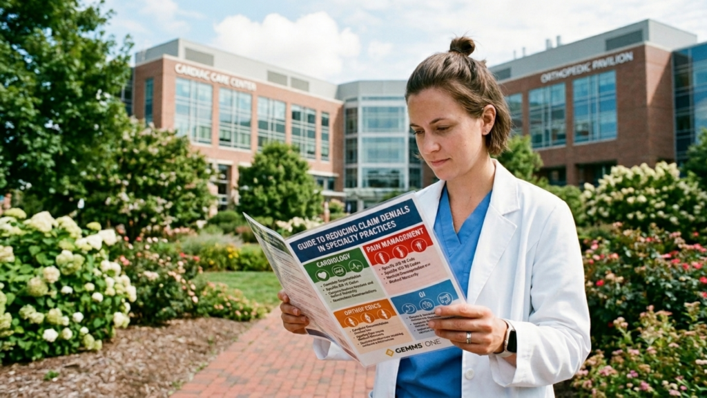 clinician with GEMMSONE guide to reducing claims in speicalty practices